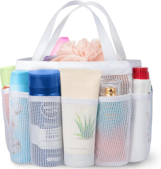 Lifewit Mesh Shower Caddy Freestanding Portable Shower Tote Bag for College Dorm, Bathroom, Gym, Travel, Quick Dry Hanging Shower Organizer with 7 Storage Pockets for Toiletry Essentials, White