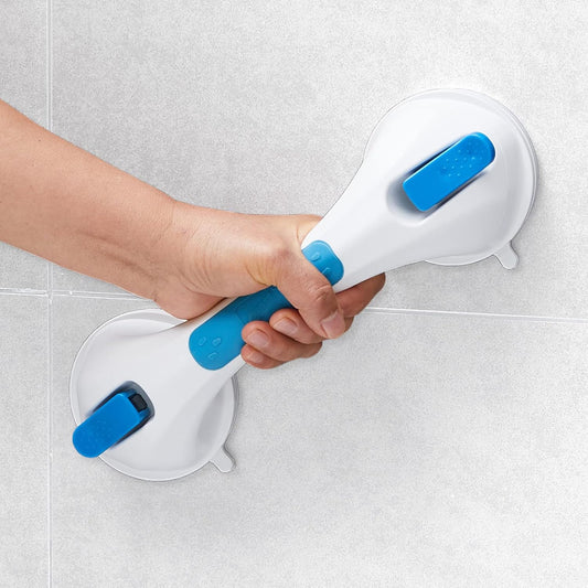 LEVERLOC Shower Grab Bar, 12 Inch Suction Grab Bars for Bathtubs, Shower Handle Handrail for Seniors Bathroom Safety Grip for Elderly, Heavy Duty No Drilling Removable,Blue