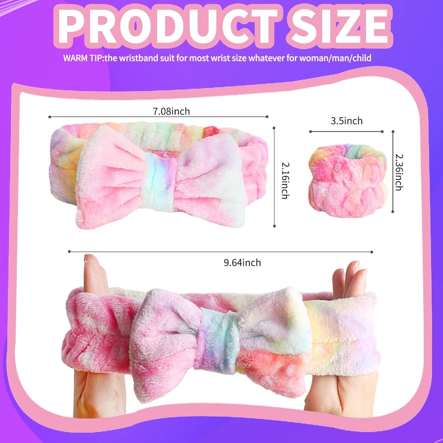 WSYUB Spa Headband and Wrist Bands, Makeup Headband and Wrist Towels for Washing Face, Fuzzy Bow Headbands, Soft Facial Head Bands, Shower Skincare Hair Sleepover Party Supplies