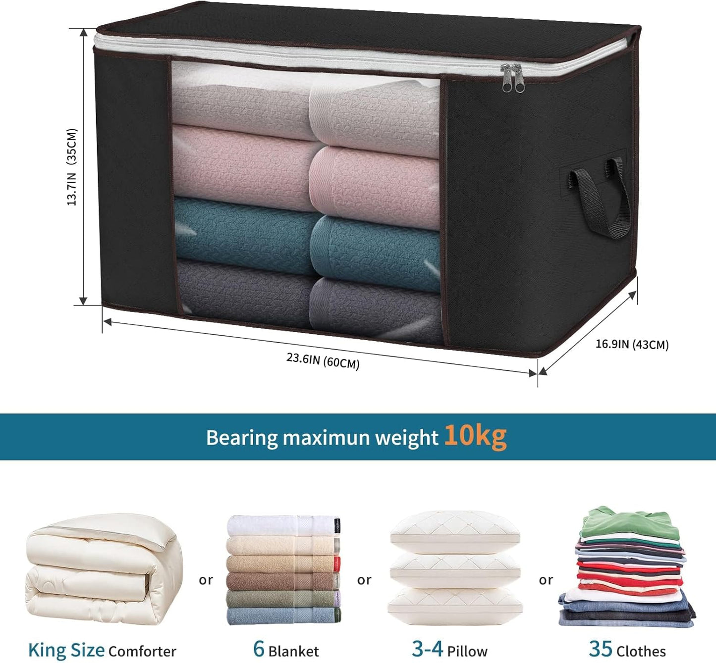 Budding Joy 90 L Large Storage Bags, 10 Pack Clothes Storage Bins Foldable Closet Organizers Storage Containers with Reinforced Handle for Clothing, Blanket, Comforters, Bed Sheets, Pillows (Black)