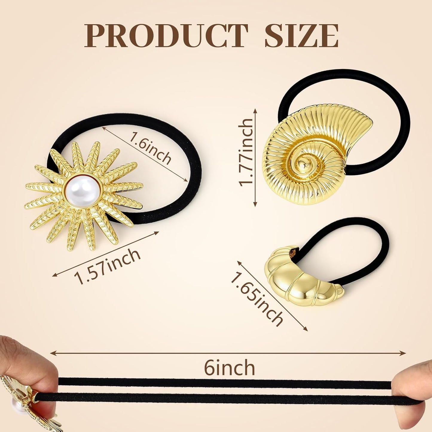 3PCS Gold Hair Ties, Metal Hair Ties for Thick Hair, Gold Ponytail Cuff Elegant Durable Geometric Design, Hair Accessories for Women, Stretchy & Non Damage Ponytail Holders with Pendant Holiday Gifts