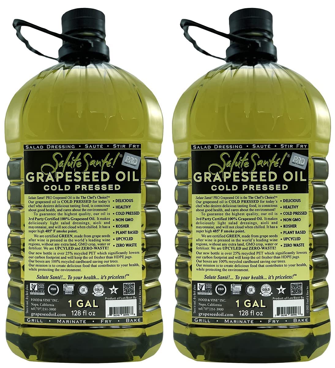 Cold Pressed Grapeseed Oil by Salute Sante! High Temperature Cooking, Healthy Grape Seed Oil, Non-GMO and Kosher for Salad Dressings, Marinades and Dips, Vegan, 1 Gallon, 2 Pack