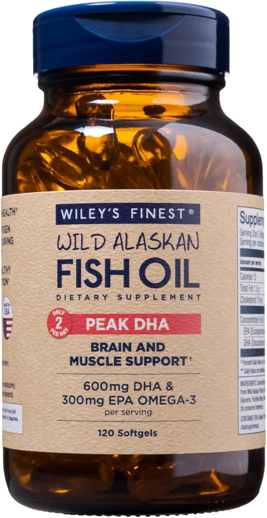 Wiley's Finest Wild Alaskan Fish Oil Peak DHA - 900mg EPA and DHA Omega-3s - 120 Softgels (60 Servings)