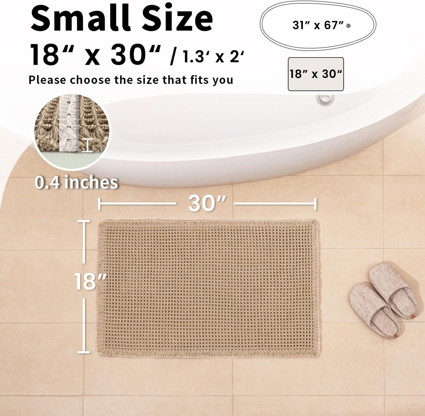Waffle Bath Mat - Boho Bathroom Rugs Non Slip Washable, Super Absorbent & Quick Dry, Small Bath Mats Farmhouse Bathroom Decor, 18'' x 30'', Khaki