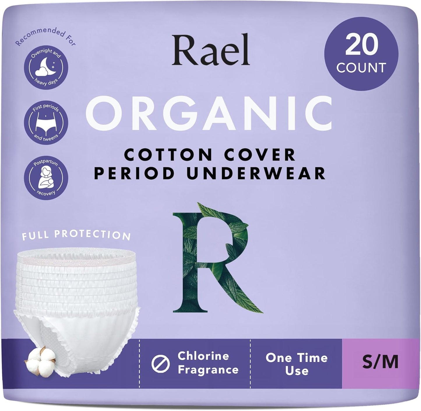Rael Disposable Underwear for Women, Organic Cotton Cover - Postpartum Essentials, Leak Locker, Unscented, Maximum Coverage (Size S-M, 20 Count)