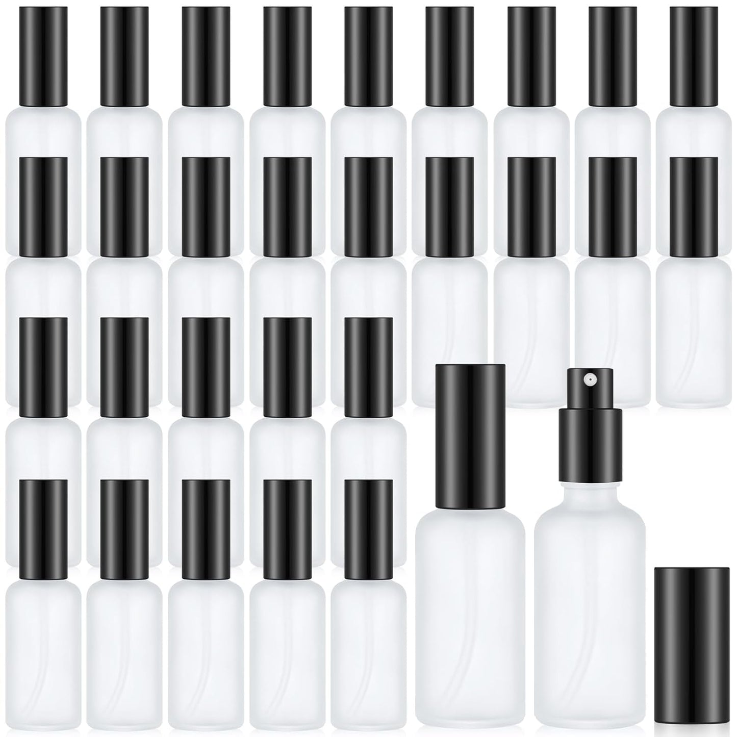 Roshtia 30 Pcs 1.69 Oz/ 50 ml Black Glass Spray Bottle Refillable Perfume Atomizer Clear Decorative Empty Bottles with Fine Mist Sprayer Pump for Face Body Travel