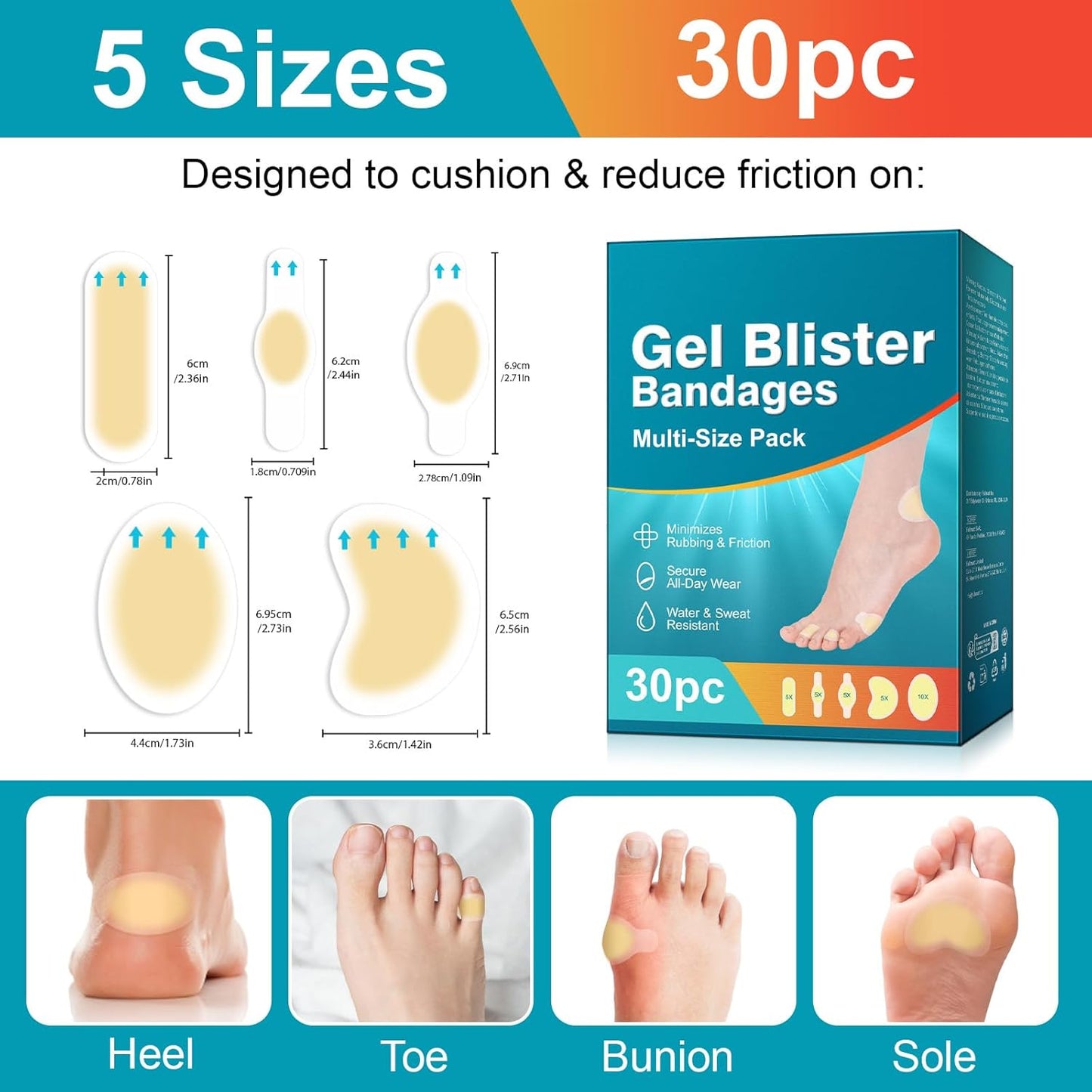Gel Blister Bandages for Feet, 30ct Water-Resistant Hydrocolloid Bandages for Foot, Toe, & Heel, Blister Pads for Prevention & Recovery