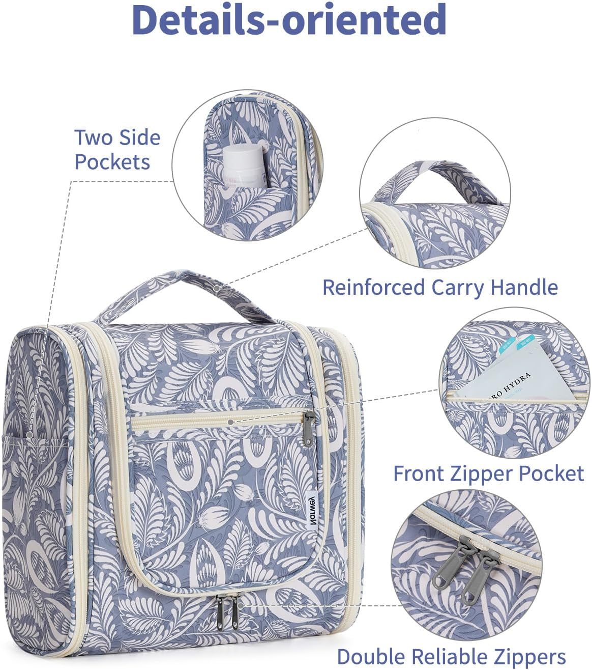 Narwey Hanging Toiletry Bag for Women Travel Makeup Bag Organizer Toiletries Bag Men for Cosmetics Essentials Accessories(Large, Blue Leaf)