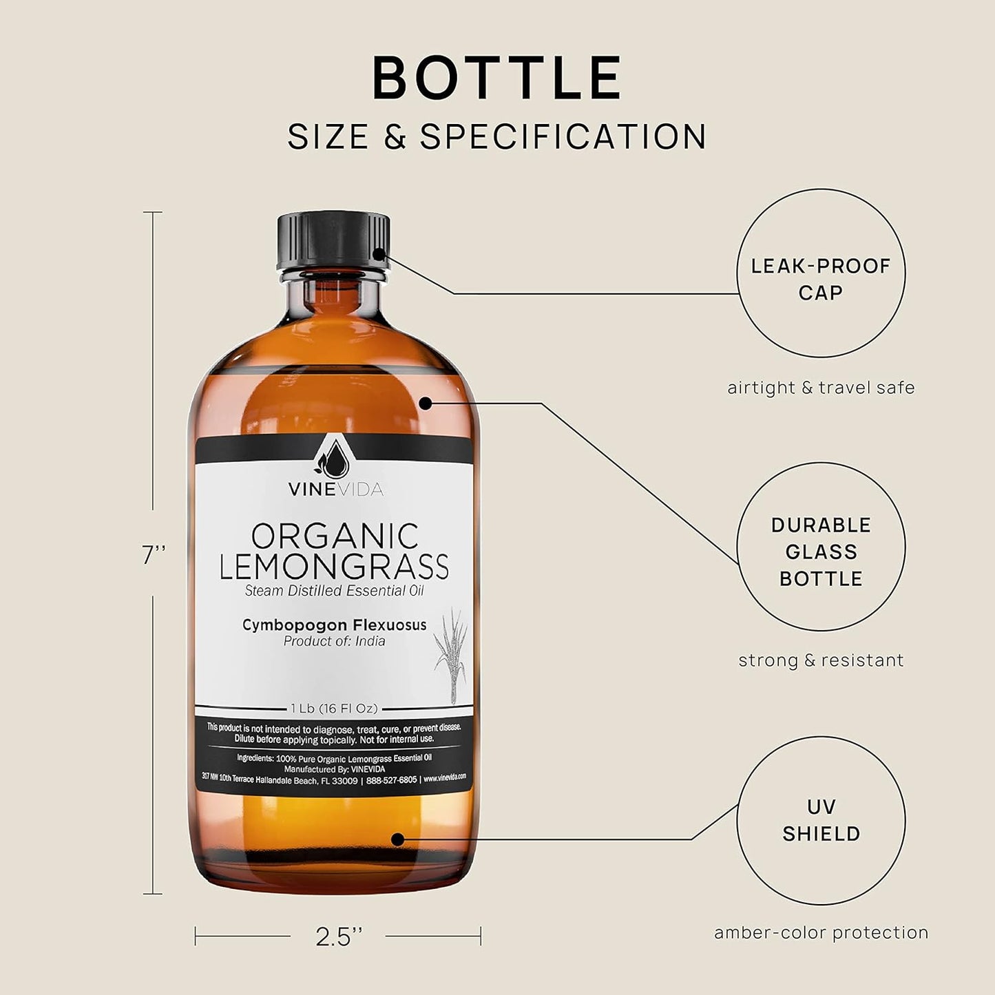 VINEVIDA Organic Lemongrass Essential Oil - 16 oz - Undiluted - DIY Candle Scents - Bulk for Soap Making