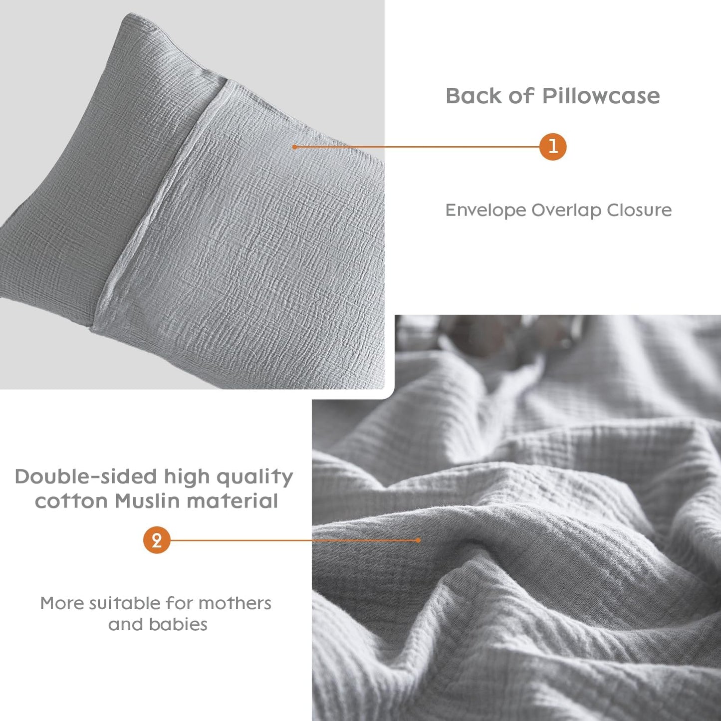 SE SOFTEXLY Muslin Pillowcases Queen Size 100% Cotton, 2 Pack Linen Like Pillow Shams with Envelope Closure, Ultral Soft and Breathable Pillow Case Covers, Light Grey, 20" X 30", No Filling
