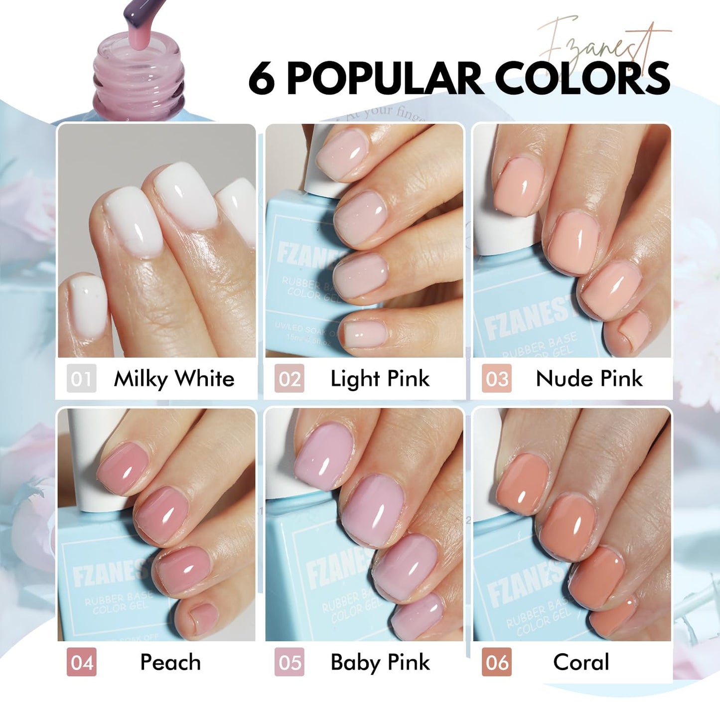 FZANEST Hema-Free Rubber Base Builder Gel Set, 6 Colors Nude Pink Gel Polish Sheer Milky White Natural Nail Polish French Tips Base Colors Nails Strengthener Soak Off Gift for Womens