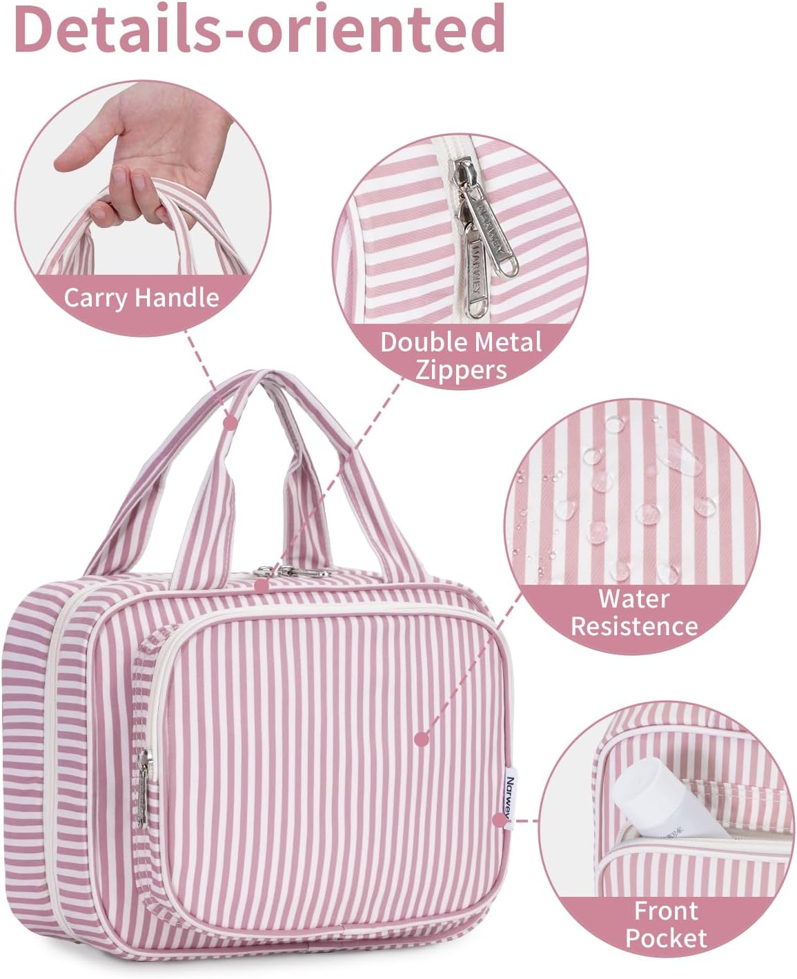 Narwey Striped Hanging Toiletry Bag for Women Travel Makeup Bag Organizer Toiletries Bag for Travel Size Essentials Accessories Cosmetics (Dusty Pink Stripe (Medium))