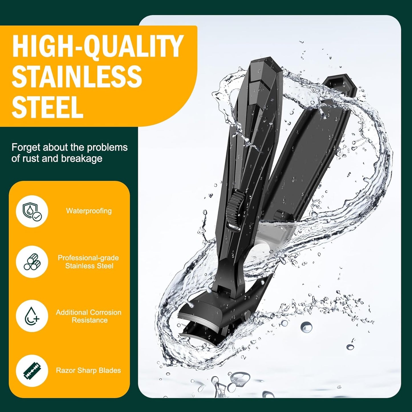 FVION Ergonomic Angled Toenail Clippers for Thick Nails – Long Handle Nail Cutter with Lock & Catcher, Stainless Steel Clippers for Seniors, Men & Women （Black）