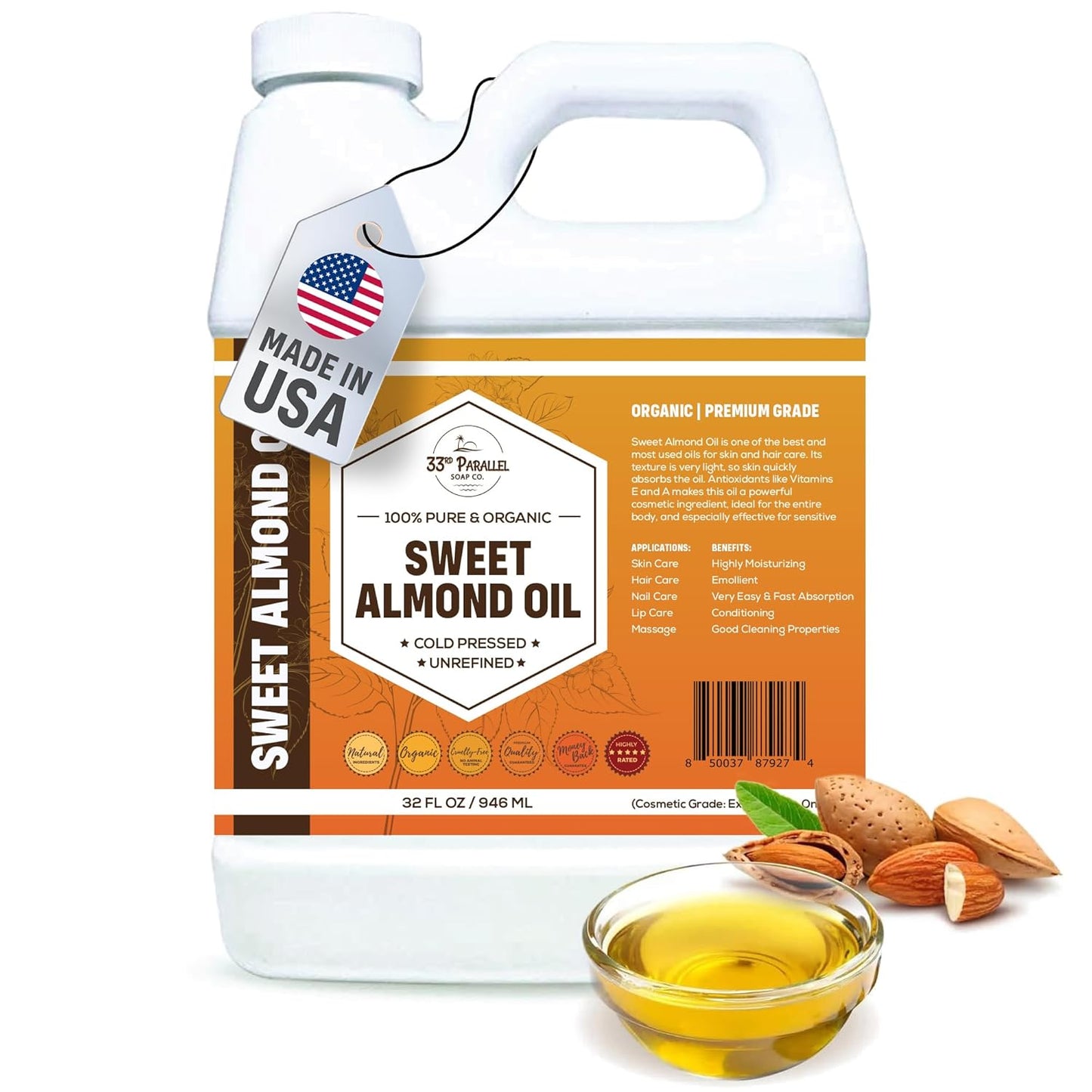 ORGANIC SWEET ALMOND OIL (32 oz) Premium Cold Pressed Unrefined | 100% Pure Sweet Almond Oil for Skin, Face, Hair, Soap Making | Carrier for Essential Oils | Available in Bulk | 32 FL OZ