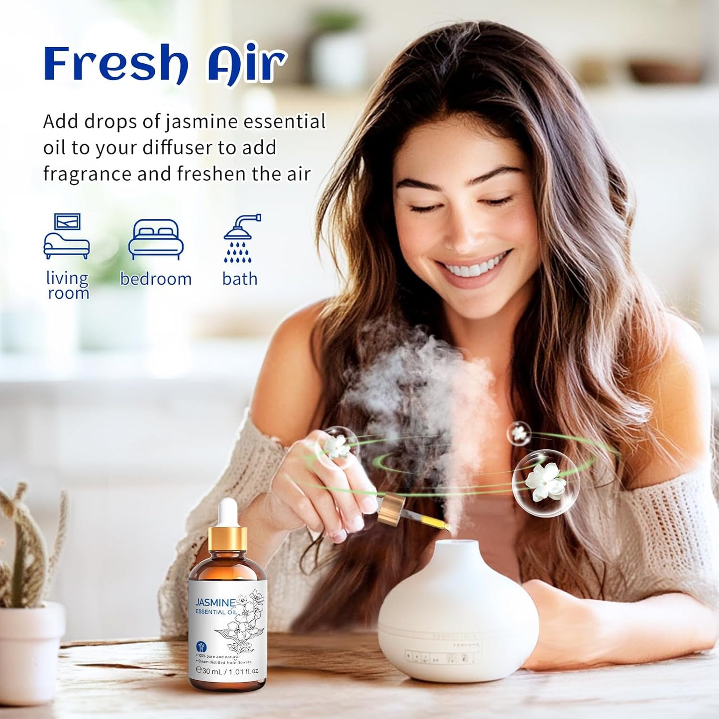 HIQILI 1 Fl Oz Jasmine Essential Oil, 100% Pure Natural for Diffuser, Hair, Skin, Perfume Making - 30ml