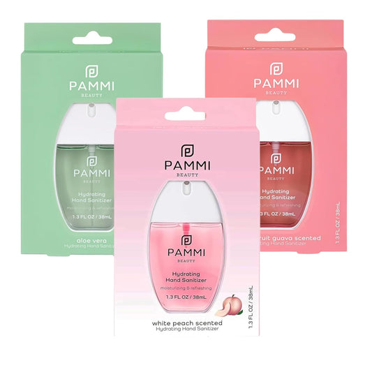 PAMMI Power Mist Hydrating Hand Sanitizer Spray, Portable Travel Size Pocket Hand Sanitizer, Scented Handsanitizer Mini Spray For Car - 600 Sprays (3 Packs (Aloevera, Peach, Guava))