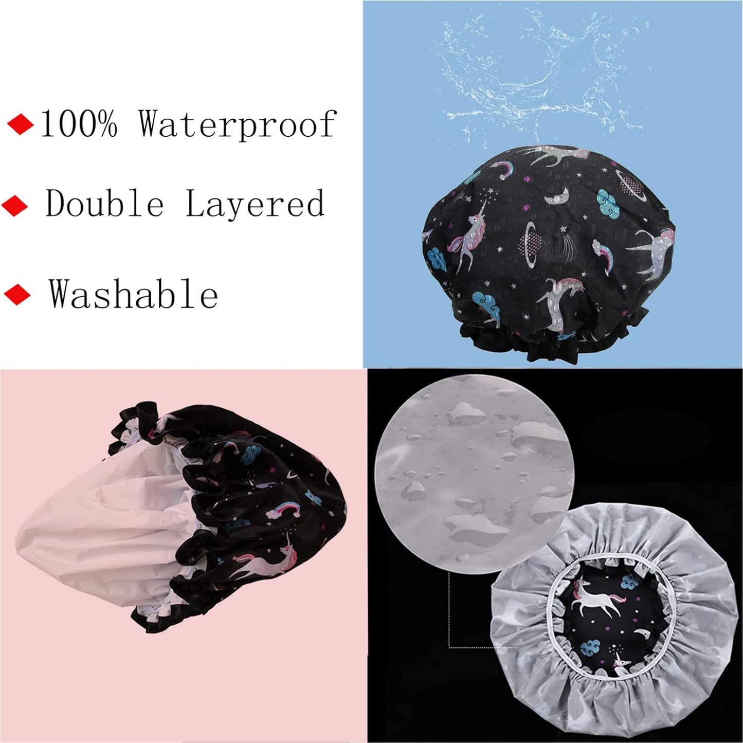 Unicorn Shower Cap for Women Men,1 Pcs Shower Hat Waterproof-Double Layer-Reusable Elastic Bath Caps for Boys Girls Spa Home Use,Hotel and Hair Salon