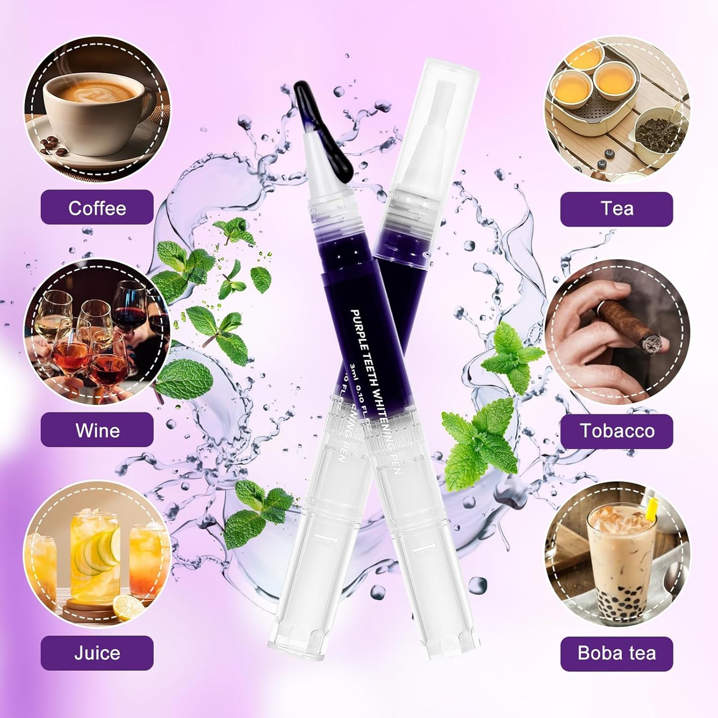 Teeth Whitening Pen 3 Packs Mint Flavor, Purple Toothpaste for Teeth Whitening, Color Correcting Whiter Gel Pen for Sensitive Teeth, Essence Pen for Coffee/Smoking Stains, Gentle Formula