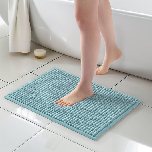 FRESHMINT Thick Chunky Chenille Bathroom Rugs 17"x24", Non Slip Bath Mat for Bathroom Floor, Small Soft Bathroom Decor Accessories, Cute Shower Mat Water Absorbent, Washable, Aqua Blue