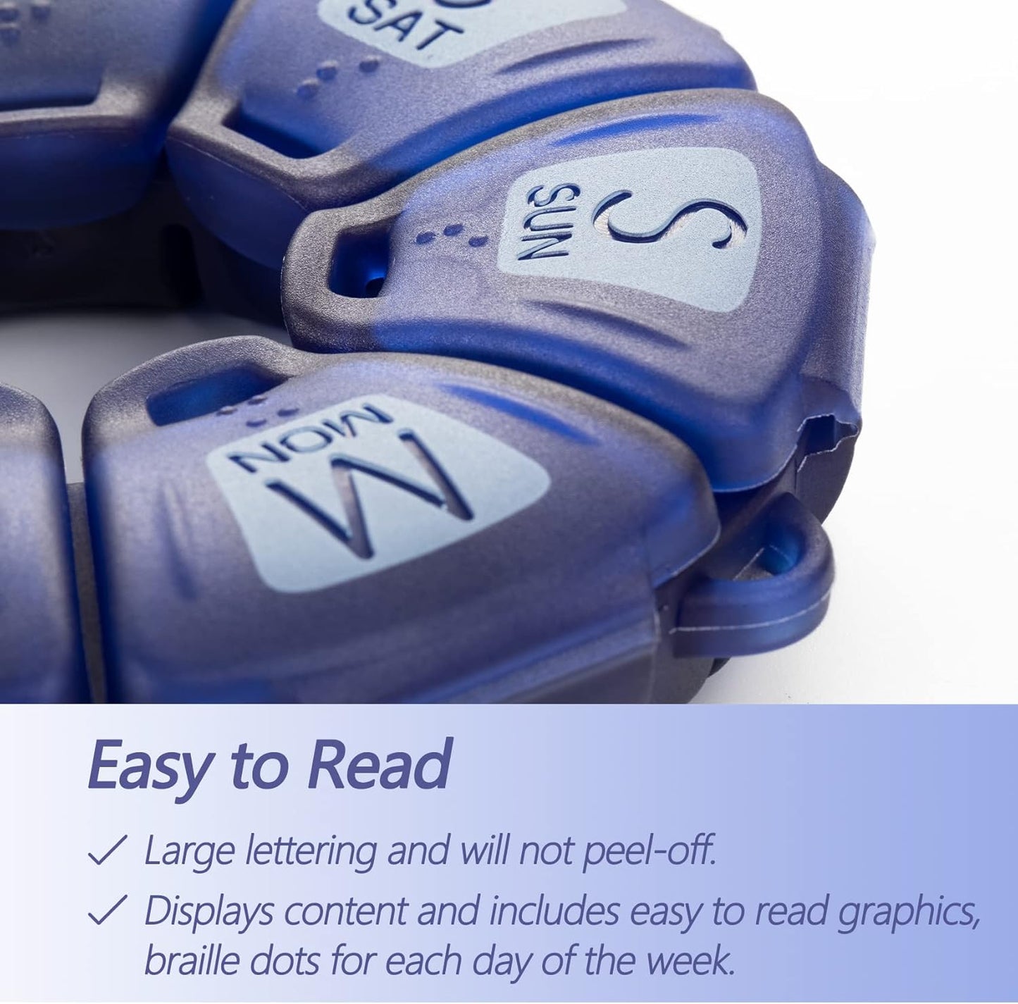 Round Weekly Pill Organizer, TPU Rubberized, Travel Pill Container 7 Day, with 7 Large Compartments, Great for Daily Vitamins & Supplements, Cute Pill Case with Large Letters and Braille (Blue)