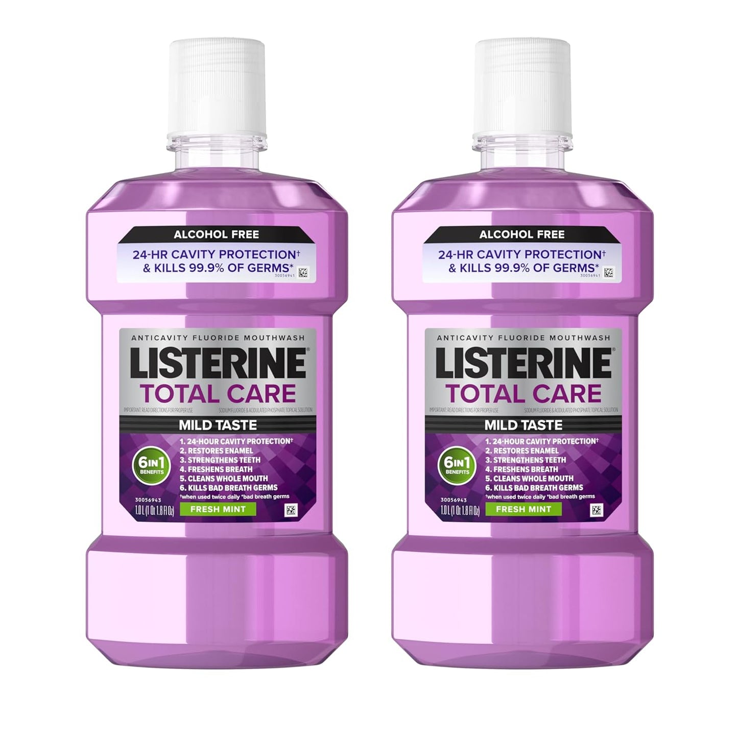 Listerine Total Care Alcohol-Free Anticavity Mouthwash, 6 Benefit Fluoride Mouthwash for Bad Breath and Enamel Strength, Fresh Mint Flavor, Twin Convenience Pack, 2 x 1 L