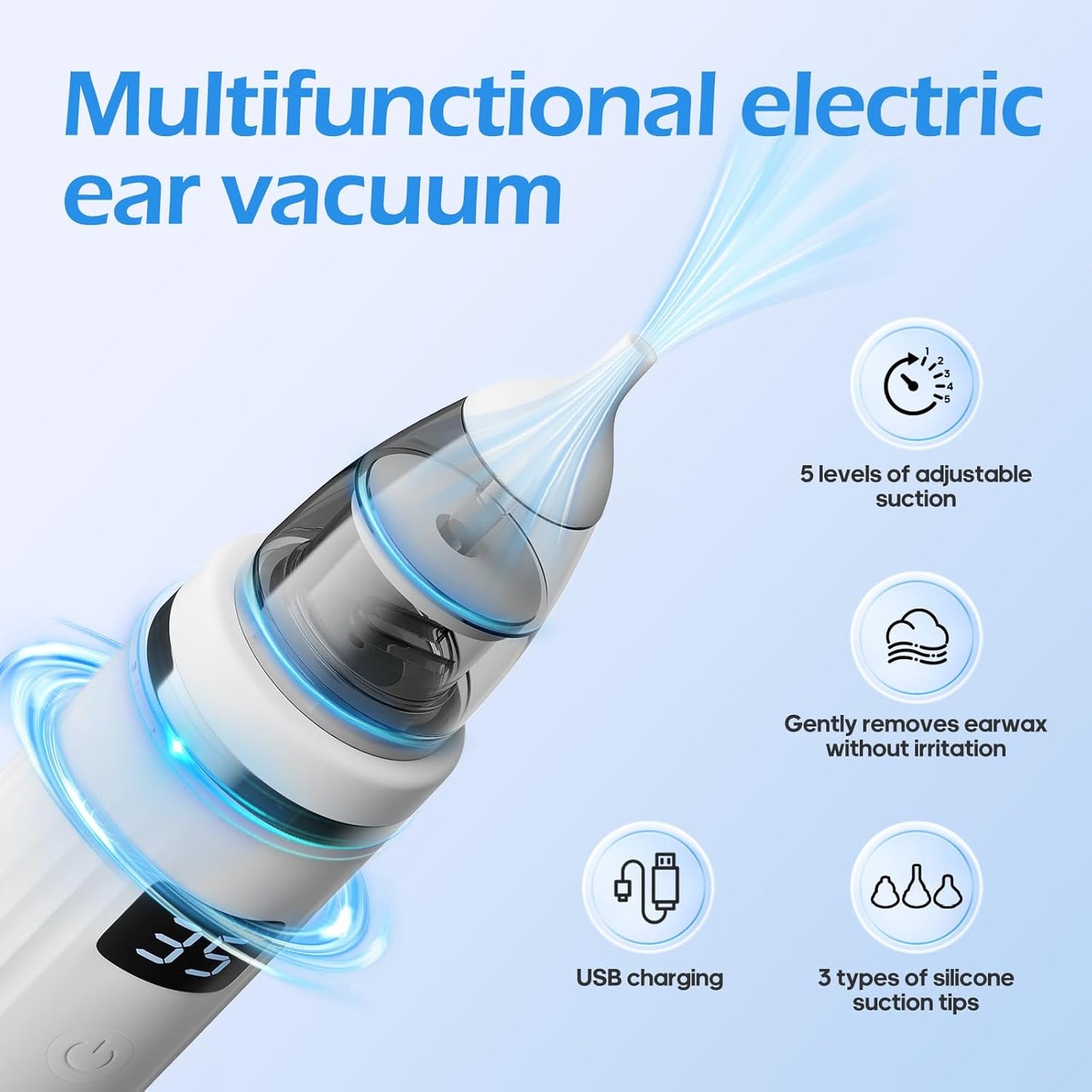 Ear Wax Vacuum,Ear Vacuum Suction,5 Levels,LED, Sucker Soft, Reusable Ear Wax Removal Kit,USB Charging, for Kids & Adult,Swimmers