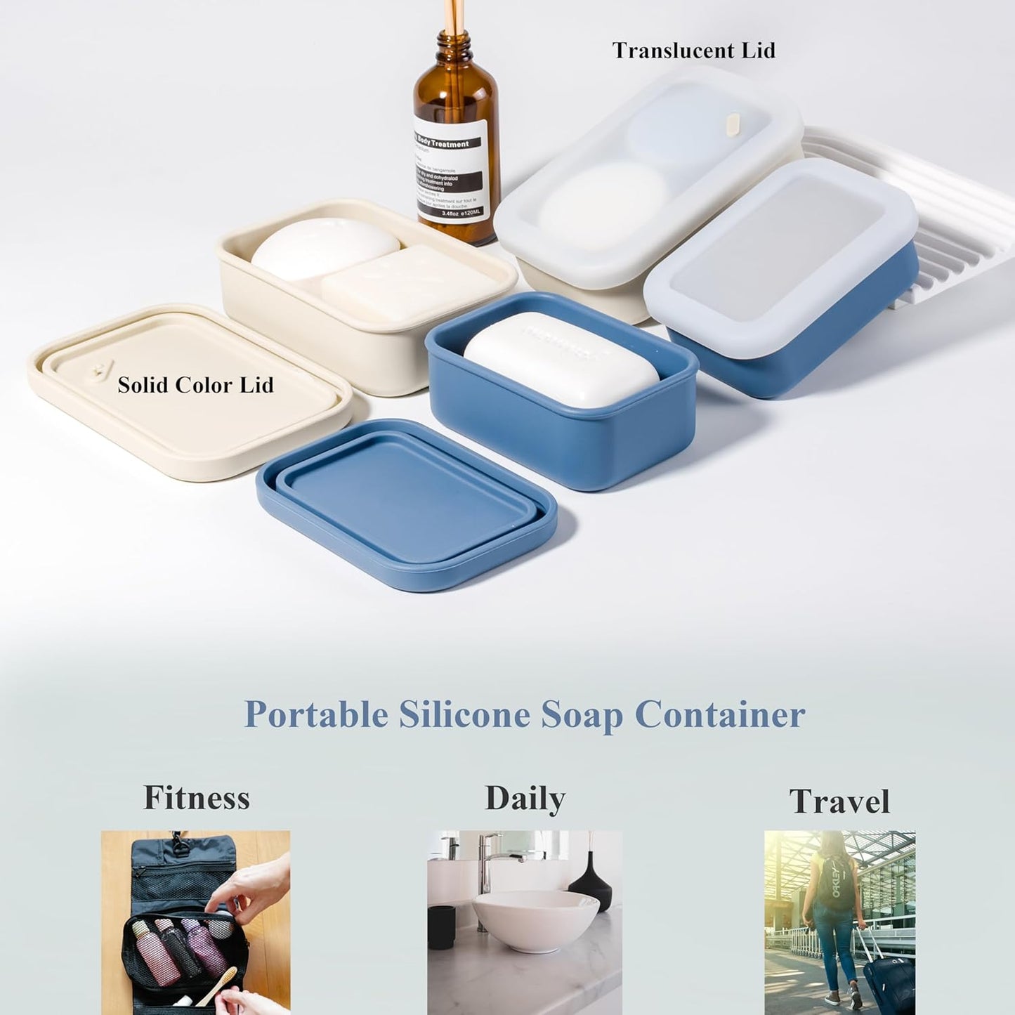 MtBoi 2PC Portable Leakproof Travel Soap Case, Silicone Travel Soap Case, Compact Soap Holder with Drainage Layer, Travel Soap Holder for Camping, Gym, Outdoor White&DarkBlue