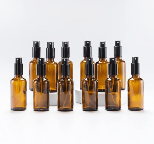 YIZHAO Amber Glass Spray Bottles 2oz, with Small Fine Mist Spray, Metal Cap, Refillable for Essential Oil,Travel,Cleaning,Perfume,Aromatherapy,Makeup – 12 Pcs