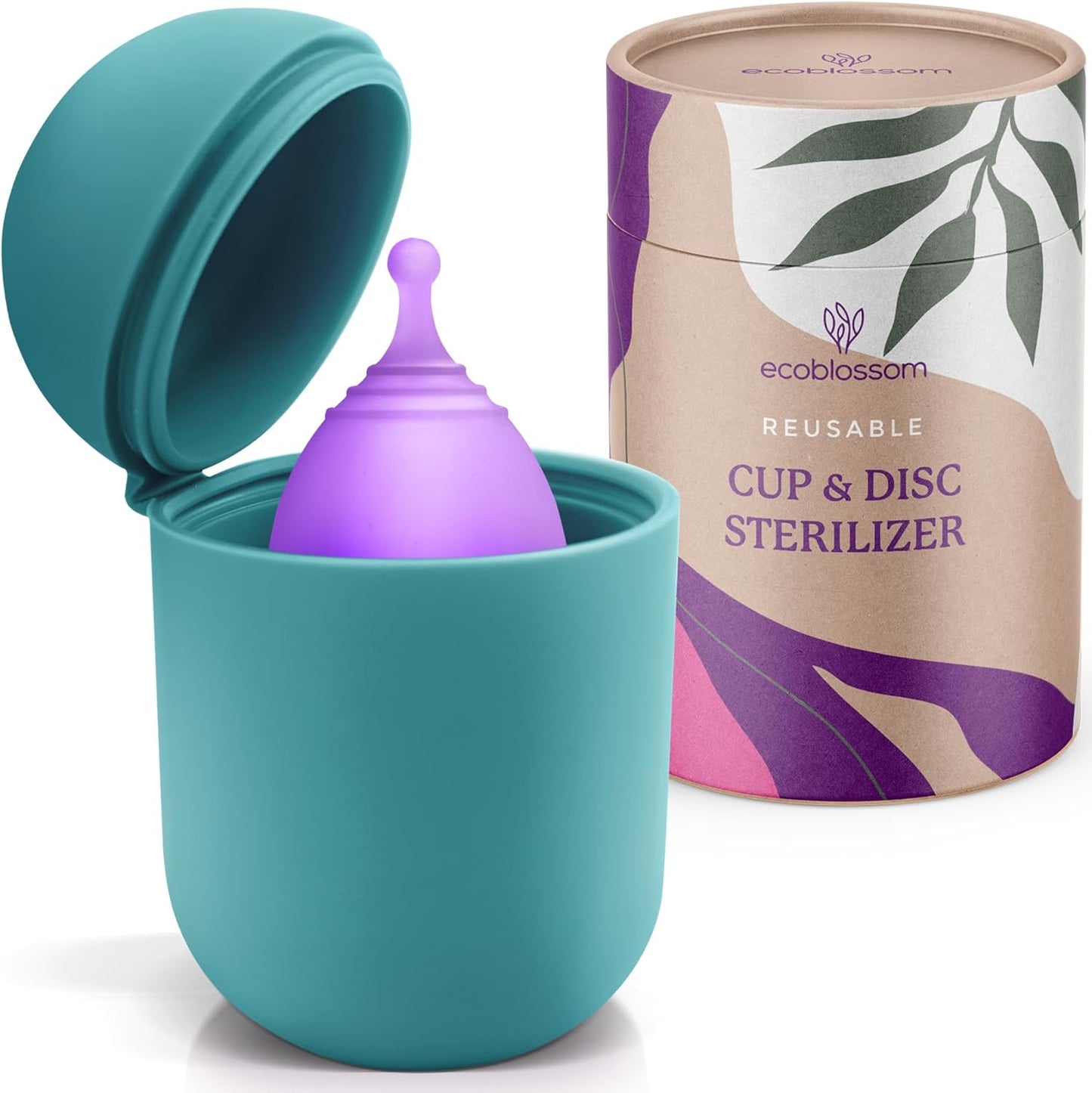 EcoBlossom Menstrual Cup Case and Sterilizer - Reusable Silicone Sterilizing Holder - Cleaner Period for You and Your Disc or Cup - Portable Cleaning Container & Microwave Steamer (Cyan)