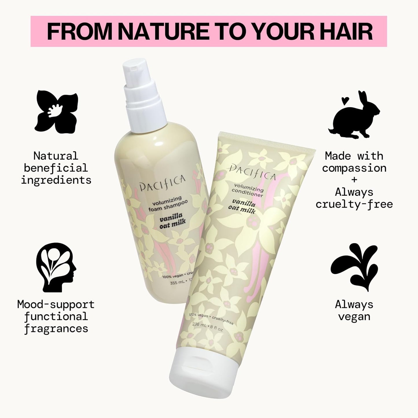 Pacifica Vanilla Oat Milk Volumizing Shampoo & Conditioner Set – Fuller, Bouncier Hair, Fine Or Flat Hair Solution, Sulfate-Free, 100% Vegan Hair Care