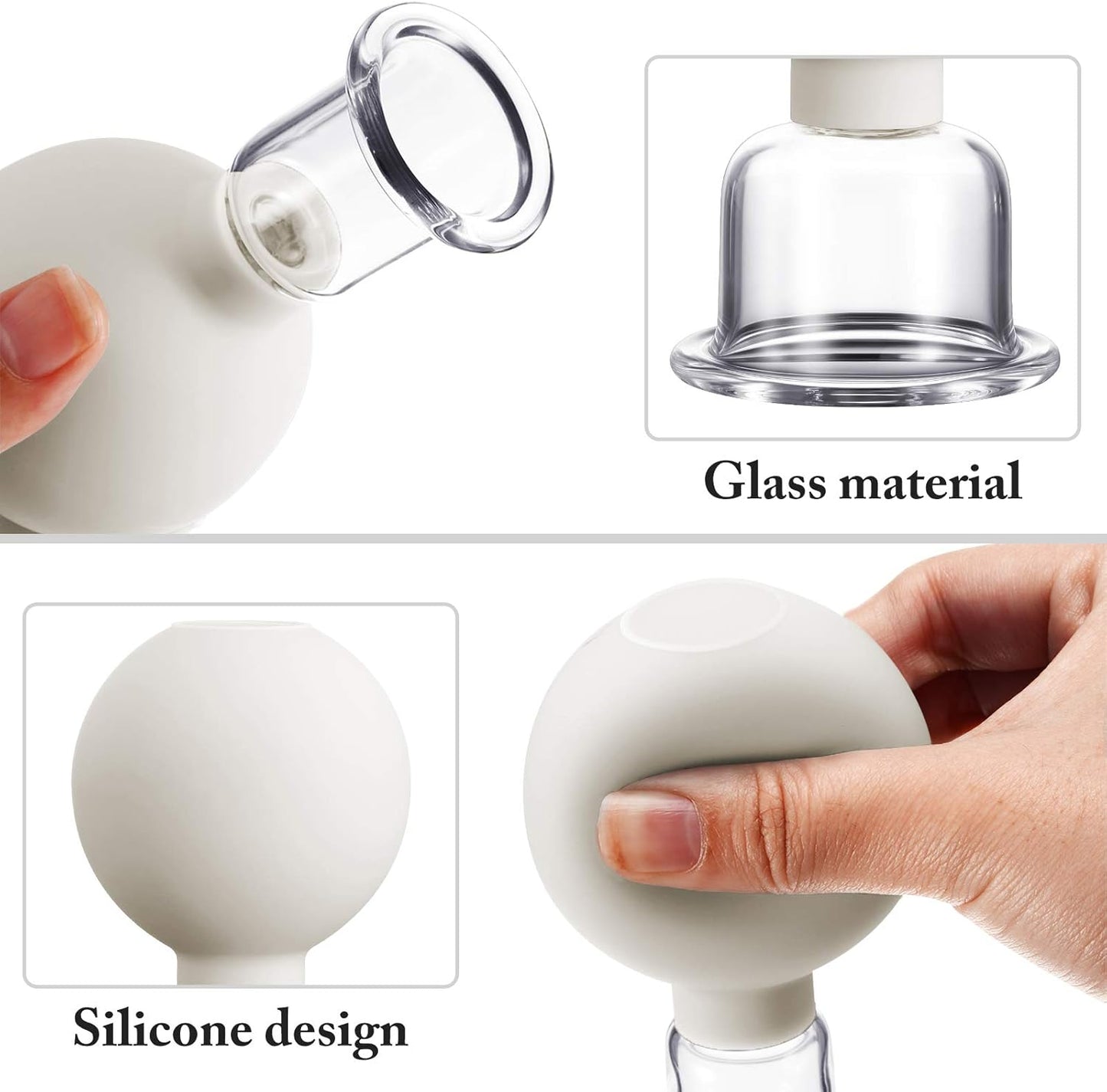 4 Pieces Glass Cupping Set Glass Silicone Cupping Cups Massage Vacuum Suction Cupping Cups for Body Face Leg Arm Back Shoulder Muscle and Joint Pain (White)