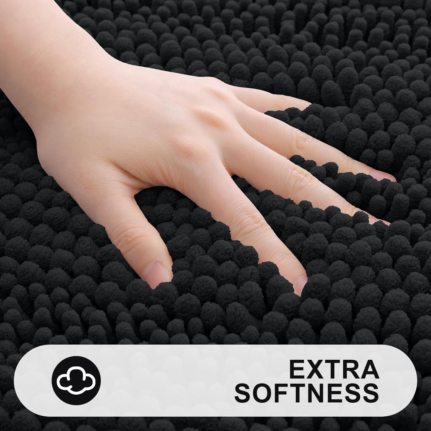 Grandaily Chenille Striped Bathroom Rugs 47x24, Extra Thick and Absorbent Bath Mats, Non-Slip Soft Plush Shaggy Shower Carpet, Machine Wash Dry, Bath Rug for Bathroom, Black