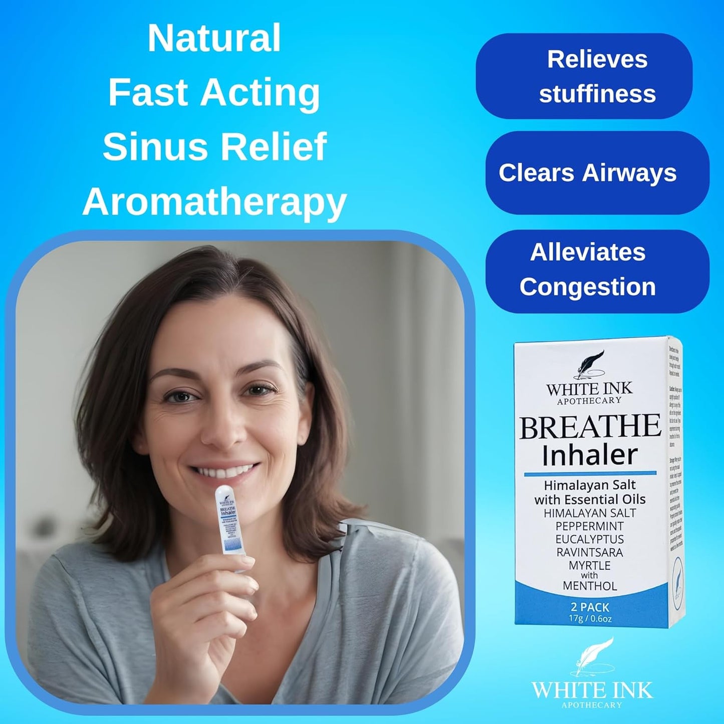 White Ink Breathe | Natural Essential Oil Inhaler Eucalyptus Peppermint | Congestion | Allergy | Focus | Aromatherapy Sinus Relief (2)