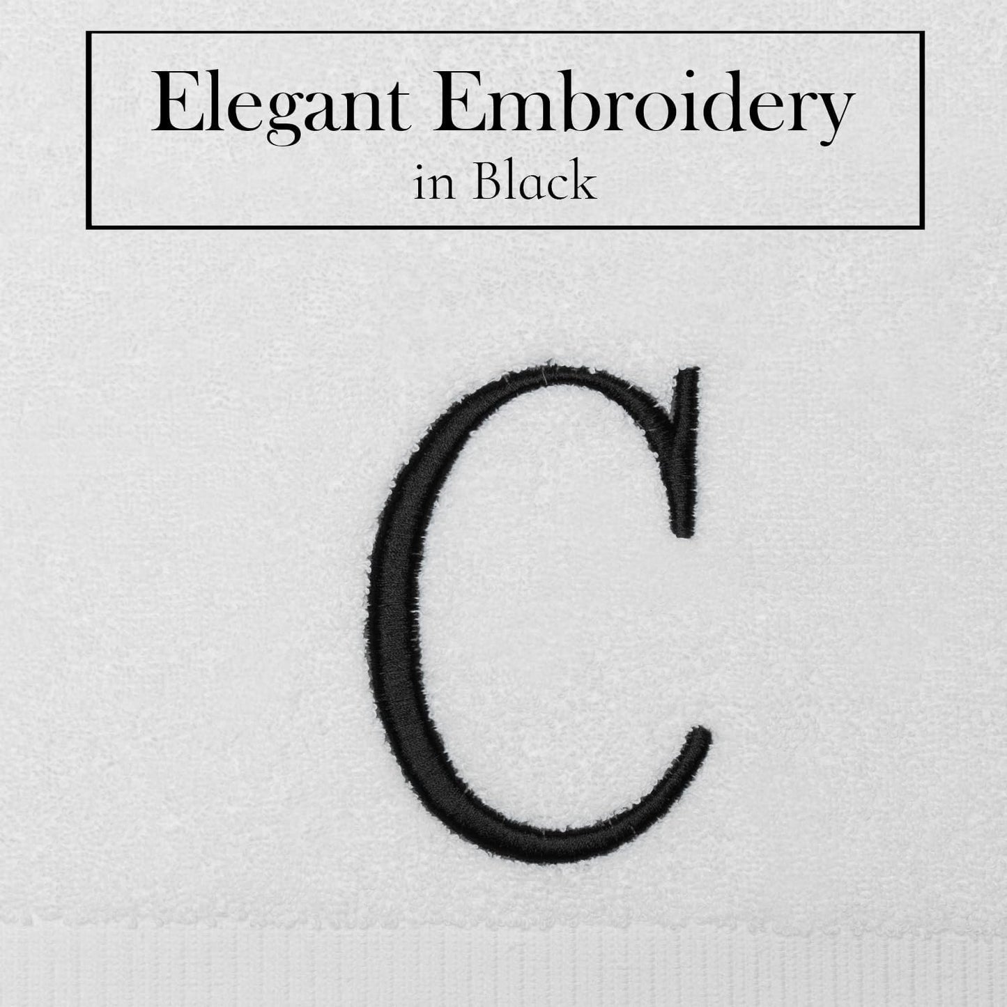 Black Initial Hand Towel for Bathroom - Monogrammed Luxury Hotel Quality Decorative Embroidered Towel for Powder Room, Spa - GOTS Organic Certified - Set of 2 Letter C
