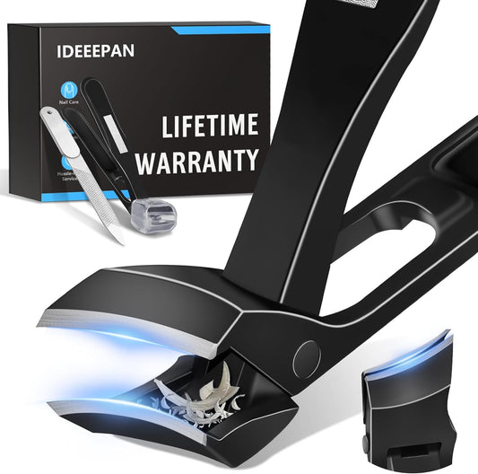 Toenail Clippers for Thick Toenails & Ingrown Nails, Slanted Curved Blade, Wide Mouth, Angled Head Toe Nail Clippers for Seniors with Long Handle & No Splash Catcher - Black