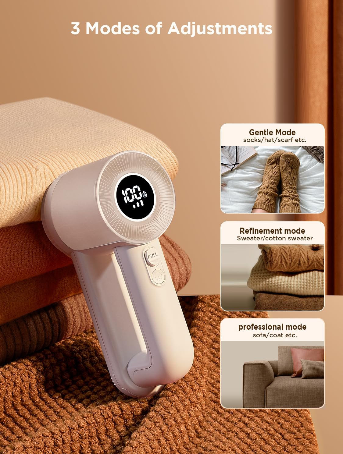 Rechargeable Fabric Shaver, Lint Remover for Clothes, Lint Shaver 6-Leaf Blades, 3-Speeds Lint Shaver with LED Display for Effortless Fuzz & Pill Removal for Clothes, Sweaters, Furniture, White