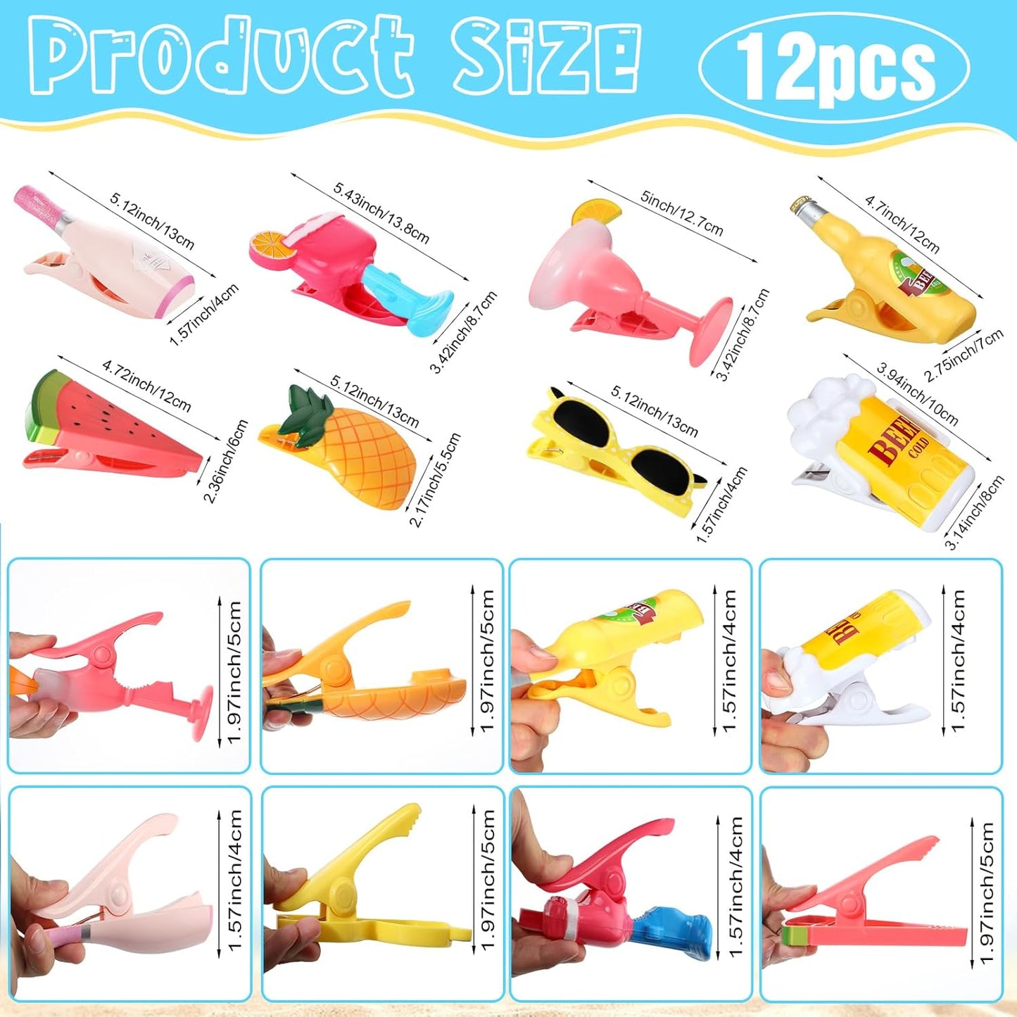 Honoson 12 Pcs Beach Towel Clips Beach Chairs Clips Plastic Swimming Pool Towel Holders Jumbo Size Funny Clothespins for Patio Holiday Pool Blanket Decoration (Vibrant)