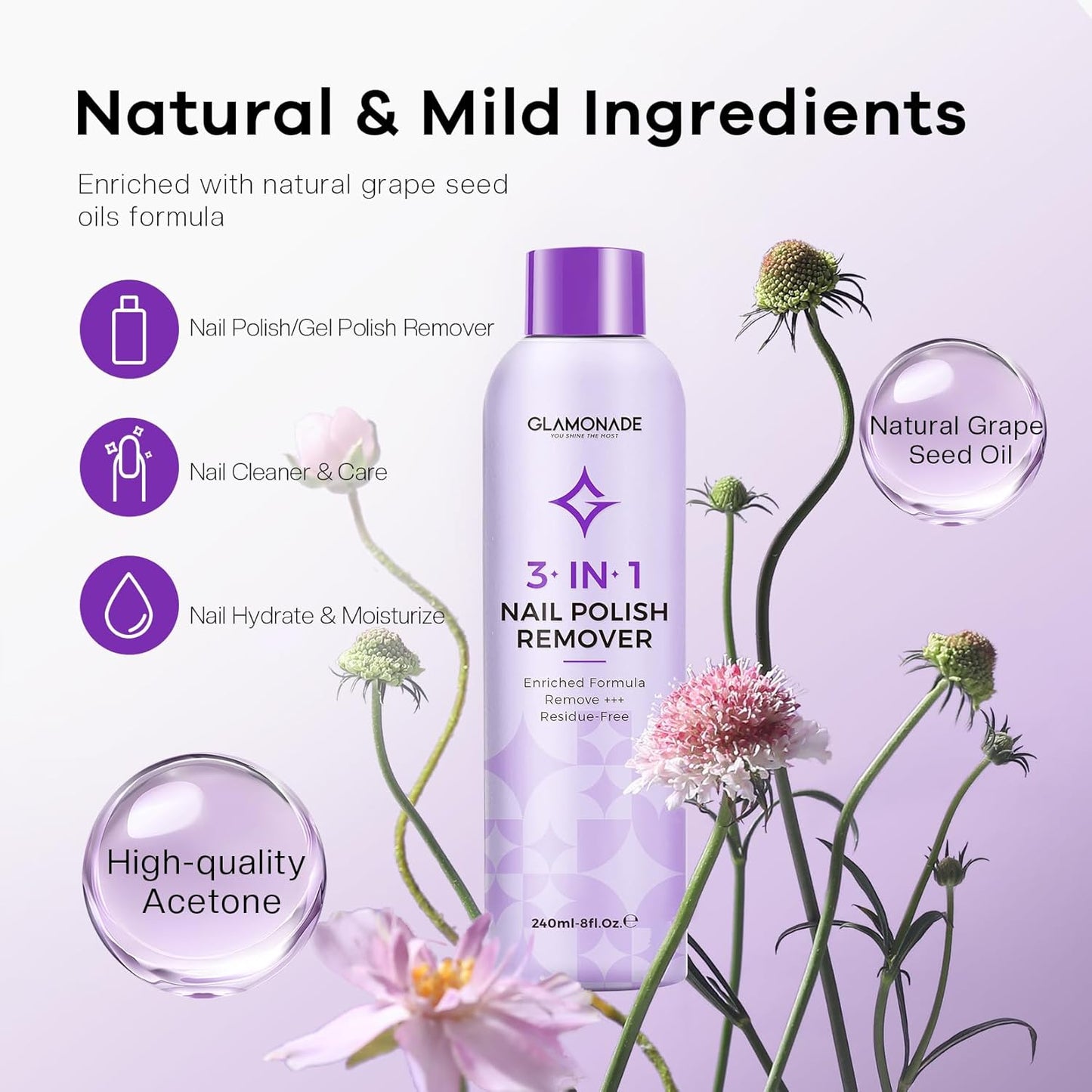 Acetone Nail Polish Remover: Gel Nail Polish Remover - Professional Soak off Nail Glue Remover Natural Grape Seed Oil for Acrylic Dip Powder Nail Supplies for Home Salon(8 FL.Oz., Pack of 2)