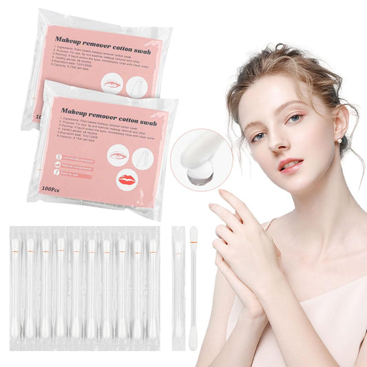 Cotton Swabs,Cotton Makeup Remover Swabs,Eye & Lip Sticks Remover,Liquid-Filled Makeup Remover Swabs Disposable Cotton Swabs for Eye/Lip/Eyebrow/Eyelash Makeup (Pack of 100)