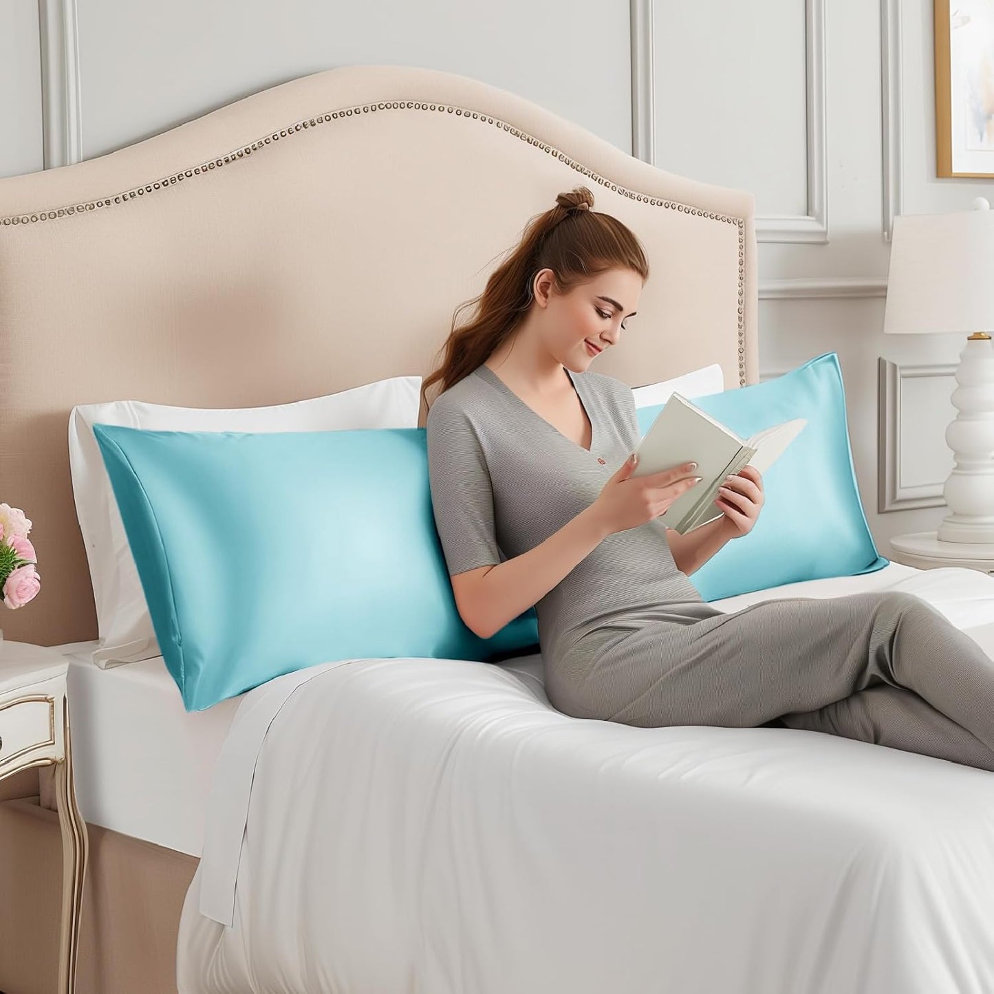 INFIIXSO Body Pillow Cover with Zipper, Luxury Mulberry Silk Body Pillow Case 20x54 Inches, Ultra Smooth and Soft Cooling Long Pillowcase, Gift for Women, Men(Ocean Mist)