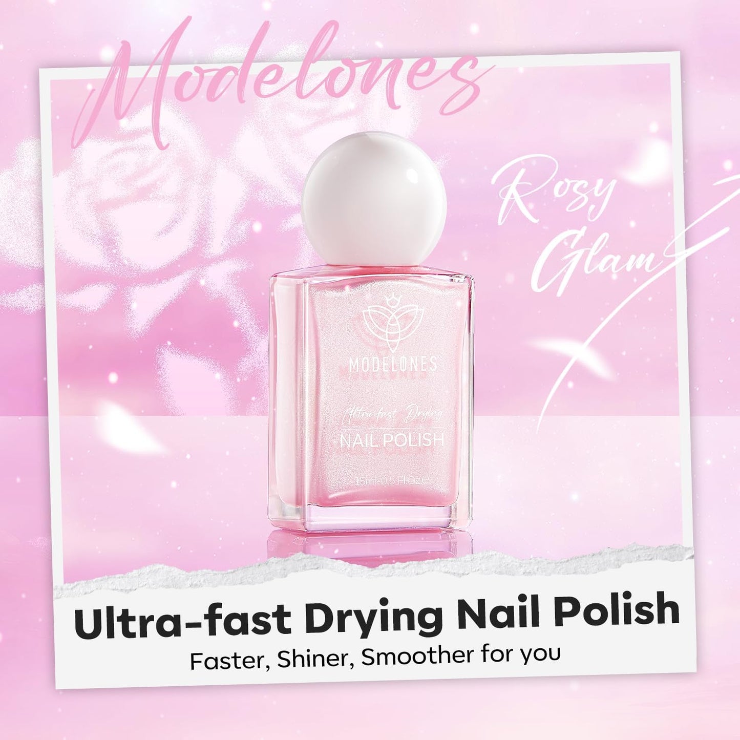 modelones Glazed Pink Nail Polish, Shimmer Pearl Pink 15 ml Quick Dry Nail Lacquer Strengthener Long Last Shine Fingernail Toe Nail Art DIY Home Travel Manicure Gift for Women Girls 0.5 Fl Oz