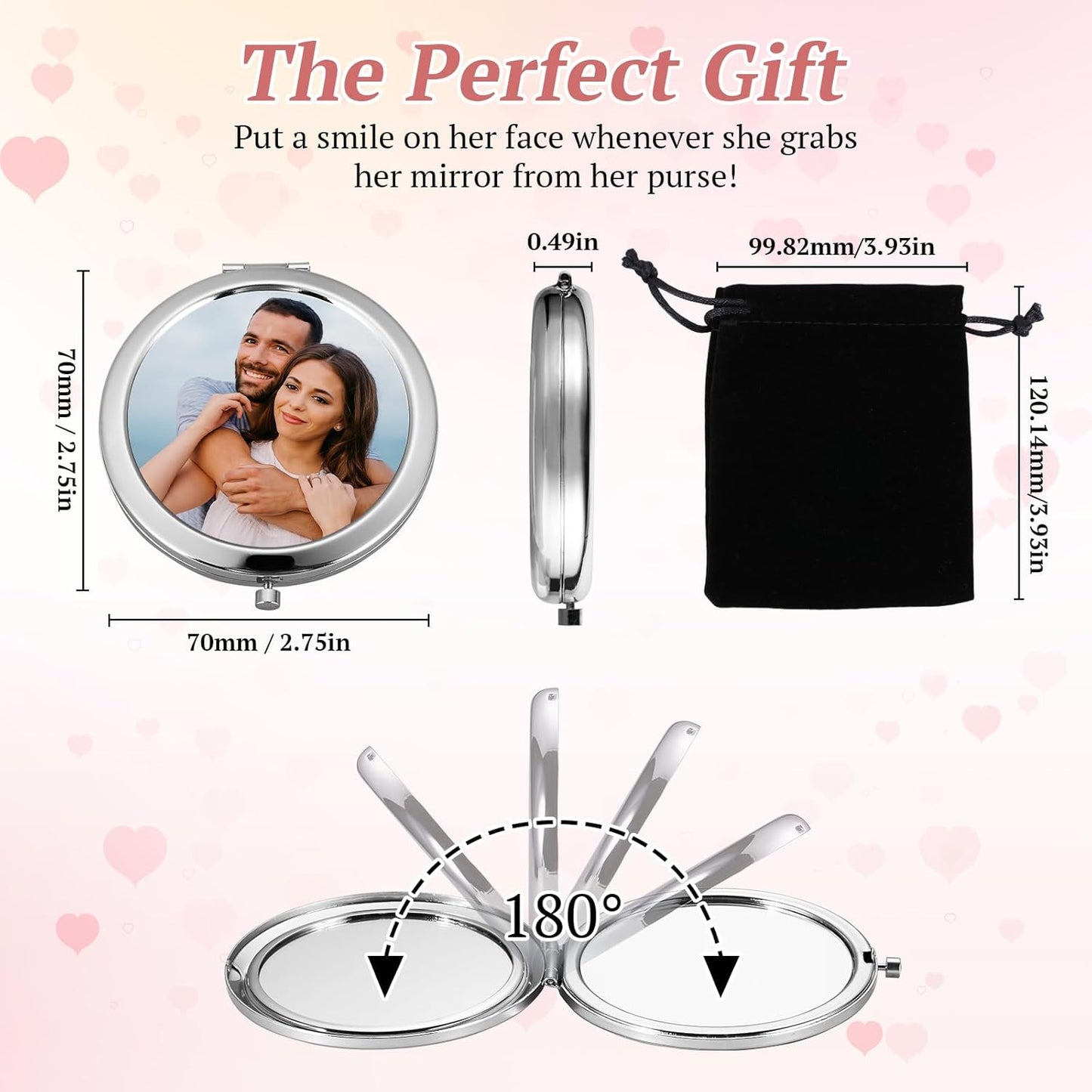 Personalized Compact Mirror with Picture Text, Custom Photo Small Purse Mirror, Double-Sided 1X/2X Magnifying Metal Pocket Makeup Mirrors for Women Mom Wife Sister BFF Wedding Birthday