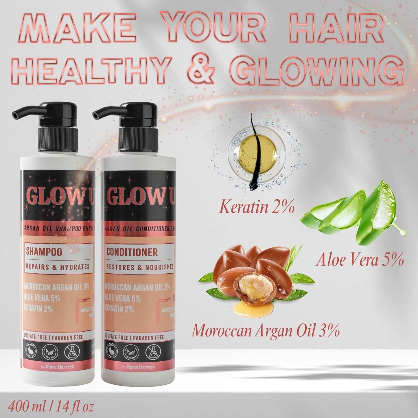 GLOW UP by Nurse Harvey's - Argan Oil Shampoo & Conditioner Set with Keratin & Aloe Vera, 14 fl oz Each – Repairs, Hydrates, Restores Shine – Sulfate Free, Paraben Free, Vegan & Cruelty Free