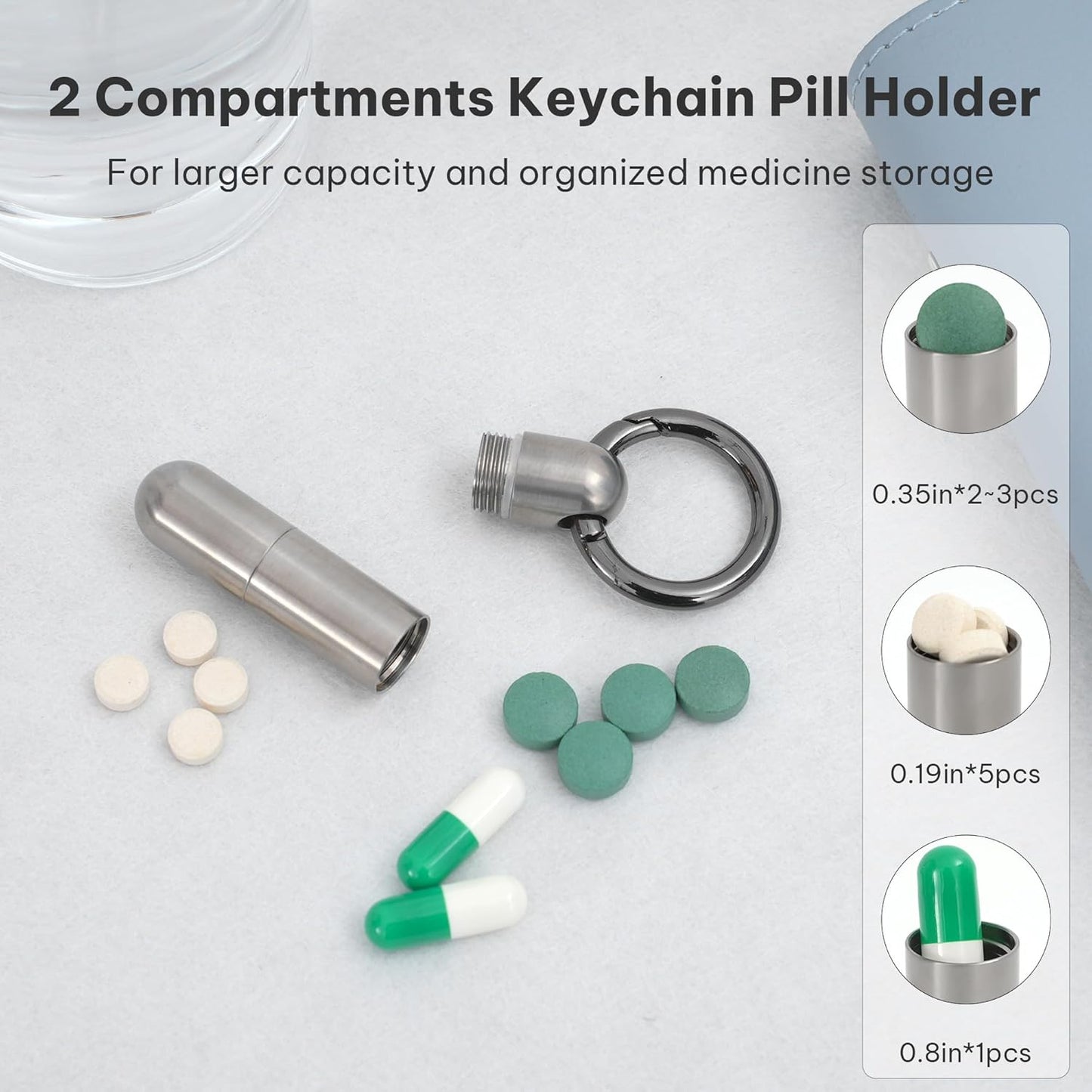 Titanium Keychain Pill Holder,Portable Mini Pill Case, Waterproof Small Pill Container,Mental Pill Box for Travel Purse Pocket (2 Compartment)