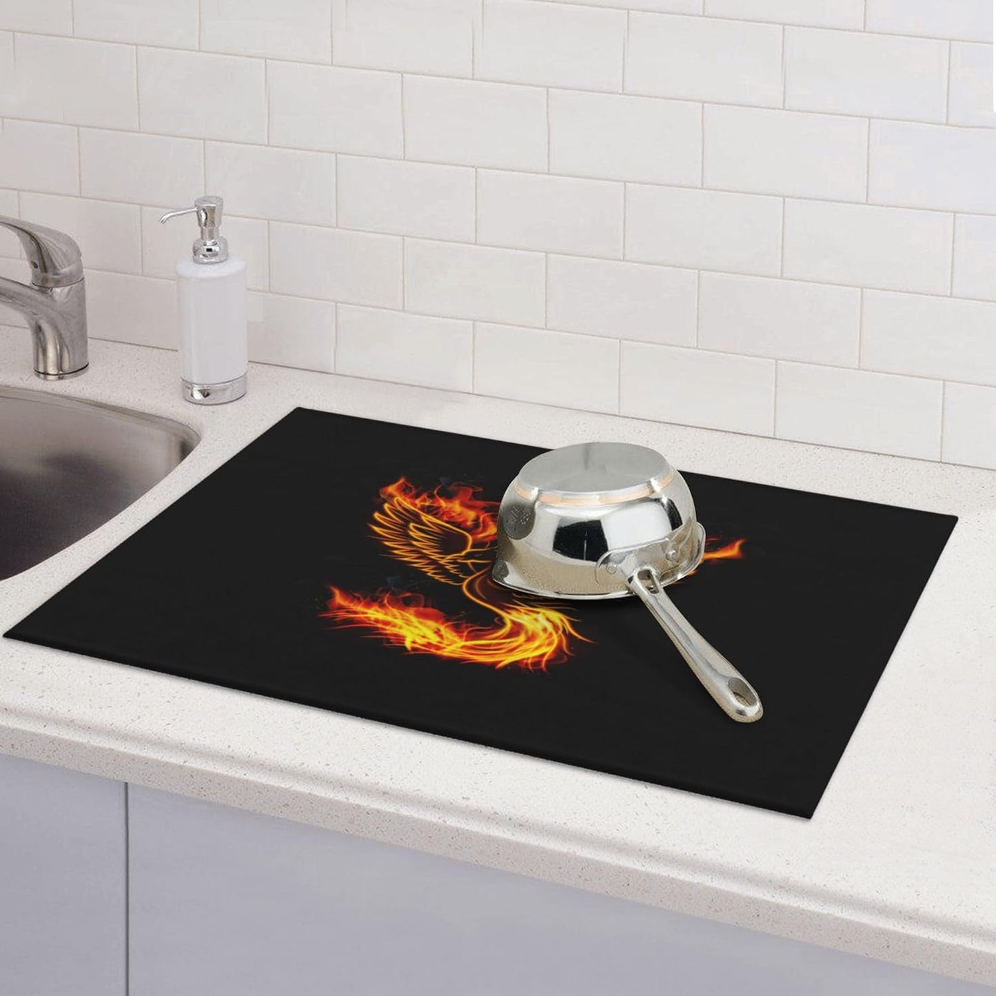 Funny Dish Drying Mat for Kitchen Counter Absorbent Reversible Fire Phoenix Drying Pad Dark Kitchen Decor Black Dish Drainer Rack Mats 18"x24"