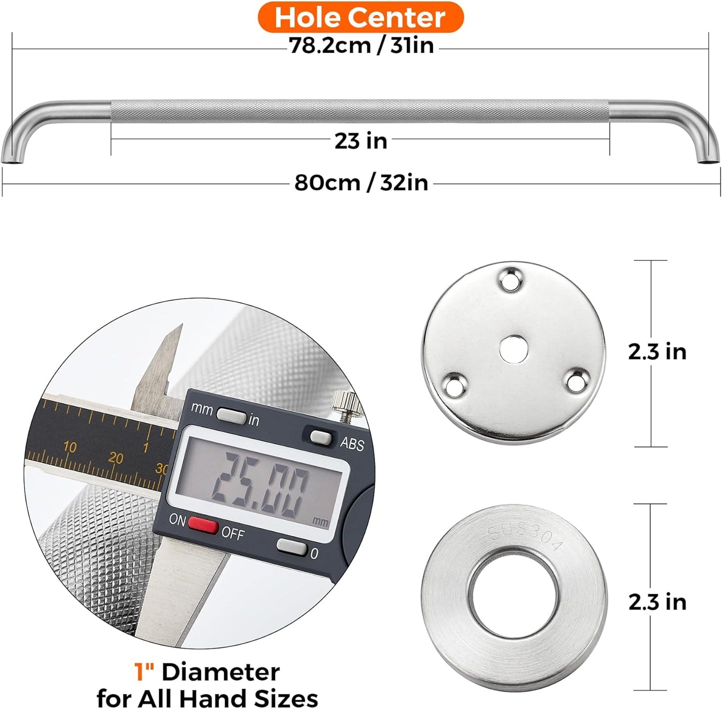 Grab Bars for Shower, 1 Pack 32-Inch Anti Slip Shower Handles for Elderly, Safety Shower Grab Bar, Stainless Steel Handicap Grab Bars for Bathroom,Toilet (Brushed Nickel, 1" Diameter)