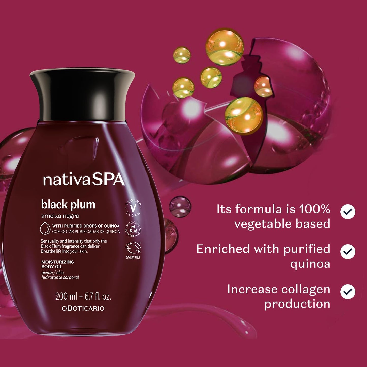 Nativa SPA by O Boticário, Black Plum Body Oil, Scented Moisturizer, Enriched with Purified Quinoa Drops to Boost Hydration, 6.8 Ounce