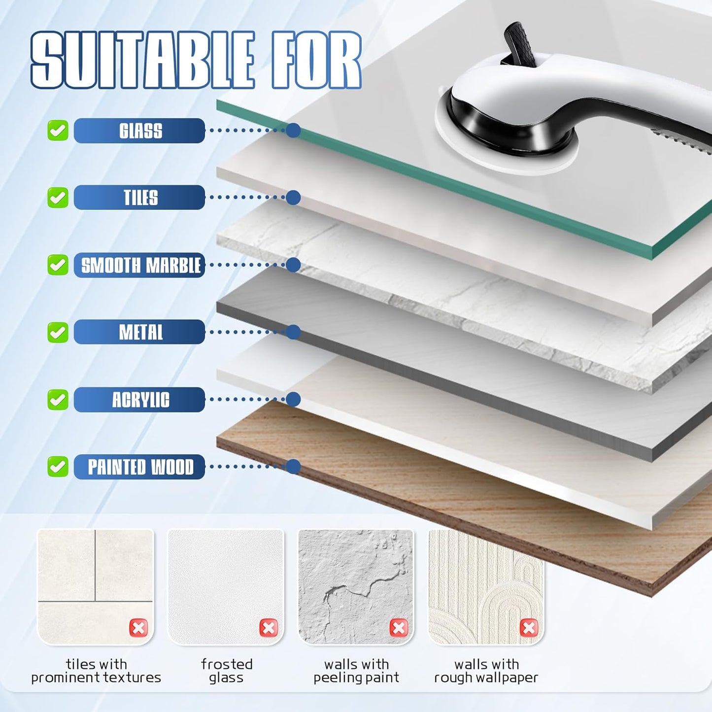 Grab Bars for Bathtubs and Showers, 2 Pack Shower Handles for Elderly with Strong Suction, 16 Inch Bathroom Shower Safety Bars for Seniors and Disabled for Wall