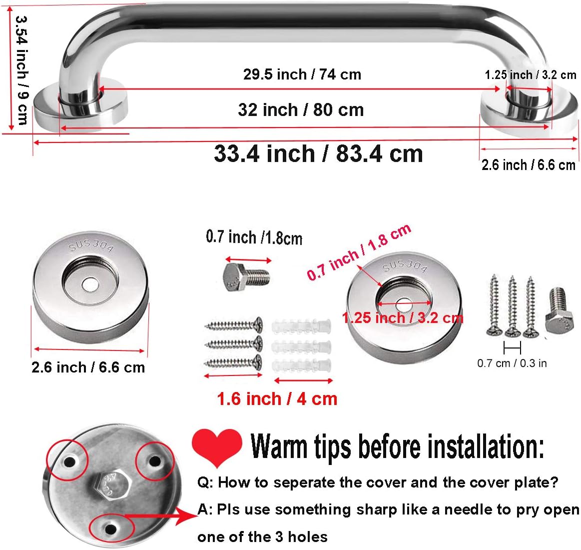 2 Pack 32 Inch Shower Grab Bar, iMomwee SUS304 Stainless Steel Bathroom Grab Bar Handle, Bathroom Shower Balance Bar,Safety Hand Rail Support,Handicap Elderly Senior Assist Bath Handle(1.25" Diameter)