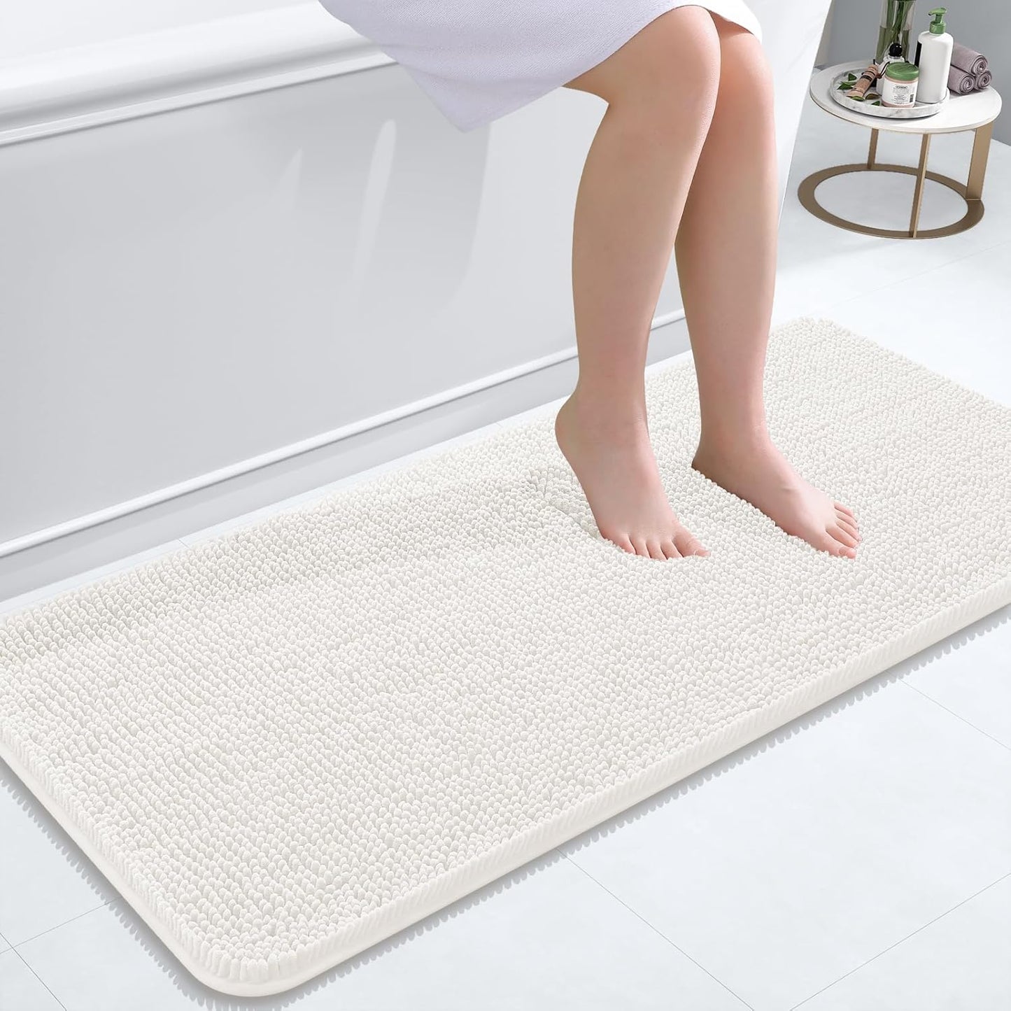 OLANLY Bathroom Rugs 47x20, Extra Soft Absorbent Chenille Bath Rugs, Rubber Backing Quick Dry, Machine Washable Bath Mats for Bathroom Floor, Tub and Shower, Home Decor Accessories, Ivory